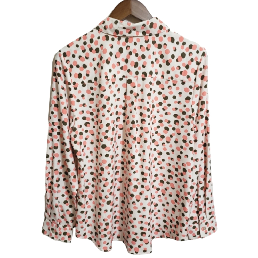 Denim & Co Coral Brown Cream Top Shirt Blouse Button Down Polka-dots Size Medium - Picture 5 of 7